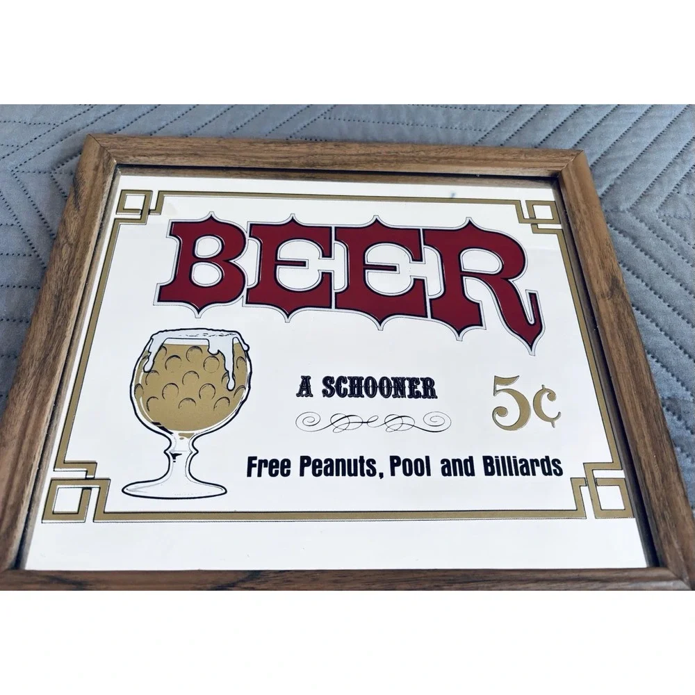 Vintage Beer 5 Cent Schooner Framed Mirror Bar Pub Sign Man Cave Garage 13 X 11